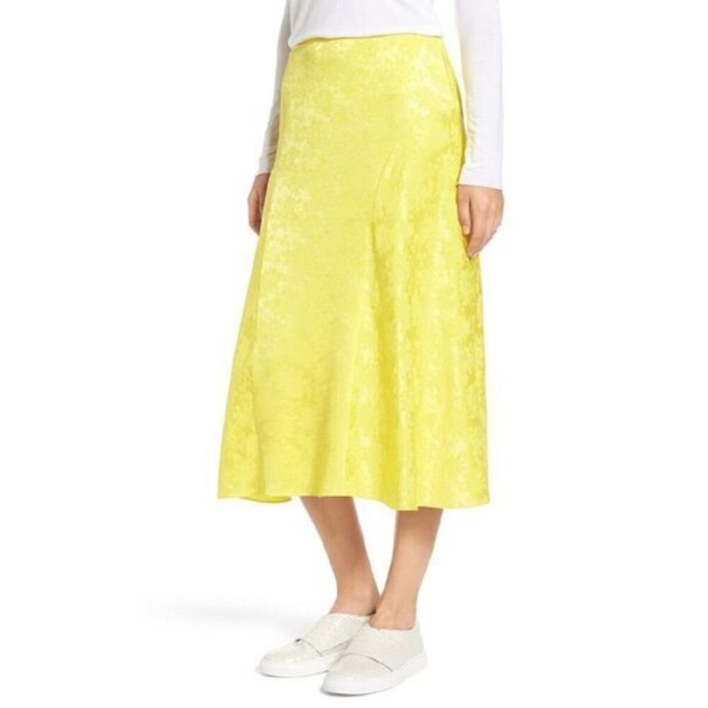 LEWIT Skirt A Line Midi Skirt Jacquard Silk Lemon Yellow Sz 16  Floral NEW $299